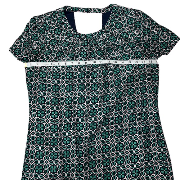 J. Crew Dress Sz 4 Navy Green Medallion Short Sleeve Shift Swoop Neck Lined - Picture 10 of 15